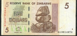 ZIMBABWE P 66 5 DOLLAR 2007 #AA  VF NO P.h. - Simbabwe