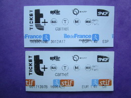 2 TICKETS  Métro Autobus Rer -  RATP - SNCF - PARIS -  2° Classe  - TBE - Mundo