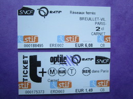 2 TICKETS  Métro Autobus Rer -  RATP - SNCF - PARIS -  2° Classe  - TBE - Mundo