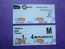 2 TICKETS  Métro Autobus Rer -  RATP - SNCF - PARIS -  2° Classe  - TBE - Monde