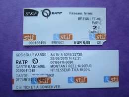 2 TICKETS  Métro Autobus Rer -  RATP - SNCF - PARIS -  2° Classe  - TBE - Mondo