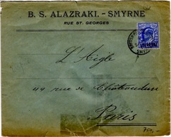 LEVANT Bureau Britannique 22 (o) Letter Cover From SMYRNE To PARIS Sept 1910 Ets Alazraki British.Post.Office - British Levant