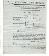 Document 1791 / Municipalité De LIMOGES 87 / Extrait Contribution Financière Pour Mme PINOT / Percepteur LIRON - ... - 1799