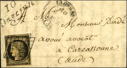 Grille / N° 3 Càd T 14 LAGRASSE (10) Cursive 10 / Davejan (30 Mm) Sur Lettre Avec Texte Daté De Duilhac Pour Carcassonne - 1849-1850 Cérès