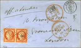 PC 601 / N° 5 Paire Orange Vif Càd T 15 CANNES (78) 10 DEC. 52 Sur Lettre Pour Londres. Au Recto, Càd D'arrivée. - SUP.  - 1849-1850 Ceres