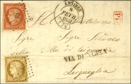 PC 93 / N° 1 Infime Froissure + N° 5 Càd T 14 ANTIBES (78) Sur Lettre Pour La Sardaigne, Au Recto Griffe VIA DI NIZZA. 1 - 1849-1850 Cérès