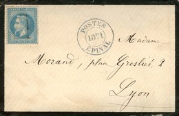 P.P. / N° 29 Cachet Provisoire Bleu POSTES / 1871 / EPINAL Sur Devant De Lettre Pour Lyon. - TB / SUP. - 1863-1870 Napoléon III Lauré