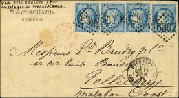 GC 6307 / N° 60 Paire (2) Càd BORDEAUX / LES CHARTRONS Sur Lettre Pour Tellichery. Au Verso, Très Rare Cachet Bleu SEA.P - 1871-1875 Ceres