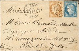 Càd Octo MARSEILLE / PAQ. FR. N N°8 / N° 55 + 60 Sur Lettre Pour Un Maitre D'équipage à Bord De L'Amazone à Pointe De Ga - 1871-1875 Ceres