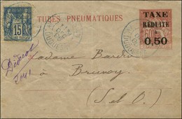 Càd Bleu PARIS (41) / AV. DUQUESNE Sur Enveloppe Pneumatique à 50c + N° 90 Pour Brunoy. 1896. Très Rare Pneumatique Hors - 1876-1878 Sage (Type I)