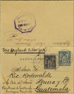 Càd PARIS 51 / R. LAFAYETTE / N° 89 Sur Carte Lettre Timbrée à 15c. Bleu Pour Le Guatémala. 1898. - TB. - 1876-1878 Sage (Type I)