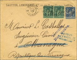 Càd PARIS 64 / R. LOURMEL / N° 75 (2) + N° 90 Sur Lettre Pour Managua Réexpédiée, Au Recto Griffes Bleues ' Inconnu / No - 1876-1878 Sage (Type I)