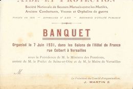 Invitation Pour Banquet Organisé Le 7 Juin 1931 - Société Nationale De Secours Mutuels, Anciens Combattants, Veuves - Zonder Classificatie