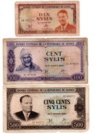 LOT SET SERIE 3 BILLETS RÉPUBLIQUE DE Guinée  / GUINEA SYLIS 10 100 500 1971 1980 - Guinee