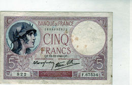 Billet De 5 Francs (violet)"type 1917 - Le 12-12-1940 En T T B - - 5 F 1917-1940 ''Violet''