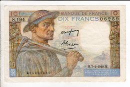 Billet De 10 Francs Mineur Du 7 4  1949 - 10 F 1941-1949 ''Mineur''