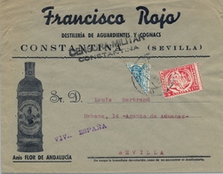 1937 , SEVILLA , SOBRE ILUSTRADO , " ANIS FLOR DE ANDALUCIA " , CONSTANTINA - SEVILLA , CENSURA MILITAR , BISECTADO - Brieven En Documenten