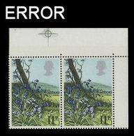 Great Britain 1980 Flowers Bluebell 11p CORNER PAIR ERROR: Queens Head Left - Varietà, Errori & Curiosità