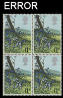 Great Britain 1980 Flowers Bluebell 11p 4-BLOCK ERROR: Queens Head Left - Errors, Freaks & Oddities (EFOs