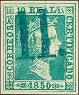 º5F. 1850. 10 Reales Verde FALSO SPERATI. Matasello "11", En Azul De Zaragoza. MAGNIFICO Y RARO. - Sonstige & Ohne Zuordnung