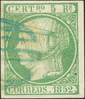 º15. 1852. 5 Reales Verde, Borde De Hoja (leve Puntito Claro). Matasello PARRILLA, En Azul. MAGNIFICO. Edifil 2014: 300  - Otros & Sin Clasificación