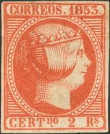 (*)19. 1853. 2 Reales Bermellón (ligero Puntito Claro A La Altura Del Cuello). Color Muy Intenso Y Amplios Márgenes. MAG - Other & Unclassified