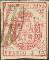 º33F. 1854. 4 Cuartos Carmín. FALSO POSTAL TIPO UNICO (subtipo 13). MAGNIFICO Y RARO. Cert. EXFIMA. - Autres & Non Classés