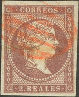 º46. 1855. 2 Reales Violeta. Matasello PARRILLA, En Rojo. MAGNIFICO. Edifil 2014: 205 Euros - Otros & Sin Clasificación