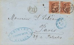 Sobre 167(2). 1875. 40 Cts Castaño, Dos Sellos. MALAGA A PARIS (FRANCIA). Matasello MALAGA / (6), Franqueo De Doble Port - Autres & Non Classés