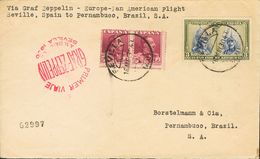 Sobre 405, 322(2). 1930. 3 Cts Verde Y Azul Y 4 Pts Carmín, Dos Sellos. Graf Zeppelin De SEVILLA A PERNAMBUCO (BRASIL).  - Other & Unclassified