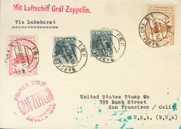 Sobre 480, 481, 321(2). 1930. 4 Pts Rosa, 10 Pts Castaño Y 1 Pts Pizarra, Dos Sellos. Graf Zeppelin De BARCELONA A SAN F - Autres & Non Classés