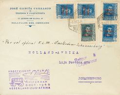 Sobre 845, 846(4). 1946. 50 Cts Pizarra Y 1 Pts Azul, Cuatro Sellos. Correo Aéreo De BOLLULLOS DEL CONDADO (HUELVA) A JO - Autres & Non Classés