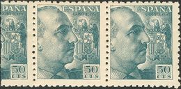 **927x(2). 1940. 50 Cts Gris Azul, Tira De Tres. Un Sello (parcial) EMPALME DE PAPEL. MAGNIFICA. - Other & Unclassified