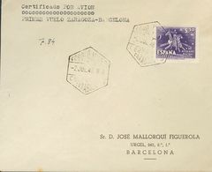 Sobre 1014. 1948. 5'50 Pts Violeta. ZARAGOZA A BARCELONA. En El Frente Texto Mecanografiado PRIMER VUELO ZARAGOZA-BARCEL - Autres & Non Classés