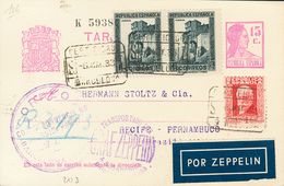 Sobre EP69, 667, 673(2). 1933. 15 Cts Lila Sobre Tarjeta Entero Postal Circulada Por Graf Zeppelin De BARCELONA A RECIFE - Andere & Zonder Classificatie