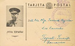 Sobre . 1937. Tarjeta Postal (General Mola) De OLIVAR DE NEVARES "Frente Del Jarama" A TEGUESTE (TENERIFE). Marca De Fra - Sonstige & Ohne Zuordnung