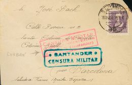 Sobre 858. 1939. 40 Cts Violeta. CORBAN A SANTA COLOMA DE CERVELLO (BARCELONA). En El Frente Marca CENSURA MILITAR / CAM - Other & Unclassified