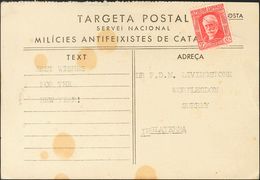 Sobre 734. (1937ca). 30 Cts Rojo. Tarjeta Postal Del SERVEI NACIONAL MILICIES ANTIFEXISTES DE CATALUÑA A WORPLESDON (GRA - Other & Unclassified