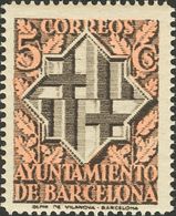 **. (1940ca). Conjunto De Catorce ENSAYOS DE COLOR Del 5 Cts (Escudo De Barcelona) Bicolores Y Dentados, Al Dorso MUESTR - Autres & Non Classés