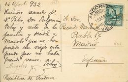 Sobre 18d. 1932. 15 Cts Azul Gris. Tarjeta Postal De ANDORRA LA VIEJA A MADRID. MAGNIFICA. - Andere & Zonder Classificatie