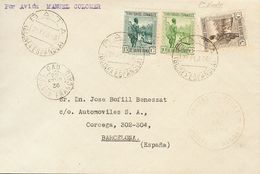 Sobre 246, 247, 248. 1936. 5 Cts Castaño, 10 Cts Verde Y 15 Cts Azul Verdoso. Correo Aéreo De BATA A BARCELONA. 1º Vuelo - Autres & Non Classés