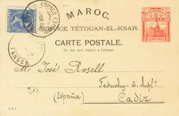 Sobre EPCL1. 1898. 5 Cts Rojo Sobre Tarjeta Entero Postal De TANGER A CADIZ, Con Franqueo Complementario De 5 Cts Azul D - Otros & Sin Clasificación