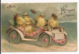 CPA Joyeuses Pâques Poussins Dans Automobile OIseaux Animal Humanisé - Easter