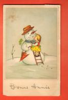 TSB-28 Bonne Année, Filette Venant Embrasser Un Bonhomme De Neige, Parapluie. Circulé 1949 - Neujahr