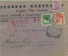 1937 , VALLADOLID , SOBRE CERTIFICADO CIRCULADO HACIA ALAEJOS , CENSURA , TIMBRE ESPECIAL MÓVIL , LLEGADA - Briefe U. Dokumente