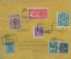 1936 , ZARAGOZA , FRONTAL DE CERTIFICADO , ZARAGOZA - SEVILLA , INTERESANTE FRANQUEO , TIMBRES FISCALES , TELÉGRAFOS - Brieven En Documenten