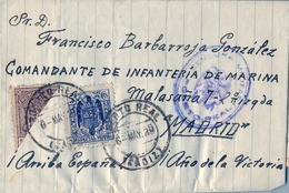 1938 , CÁDIZ , ENVUELTA CIRCULADA , PUERTO REAL - MADRID , CENSURA MILITAR , FISCALES , ESPECIAL MÓVIL , BISECTADO - Briefe U. Dokumente