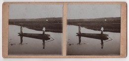 Photo Stereo Originale Photographe De Roanne Barque Pêche Pêcheurs Sur Le Rhins Reins - Stereoscopic