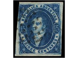 ° ARGENTINA. Sc.16. 1867-72.  15 Ctvos.  Azul  SIN DENTAR  Y Sin Filigrana, Tres Márgenes Completos Y El Izquierdo Corto - Sonstige & Ohne Zuordnung