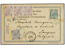 AUSTRIA. 1902 (Feb 28).  5 H.  Green Stationery Card Used To BELGIUM Up-rated With Strip Of Three 1899  1 H.  Mauve And  - Other & Unclassified